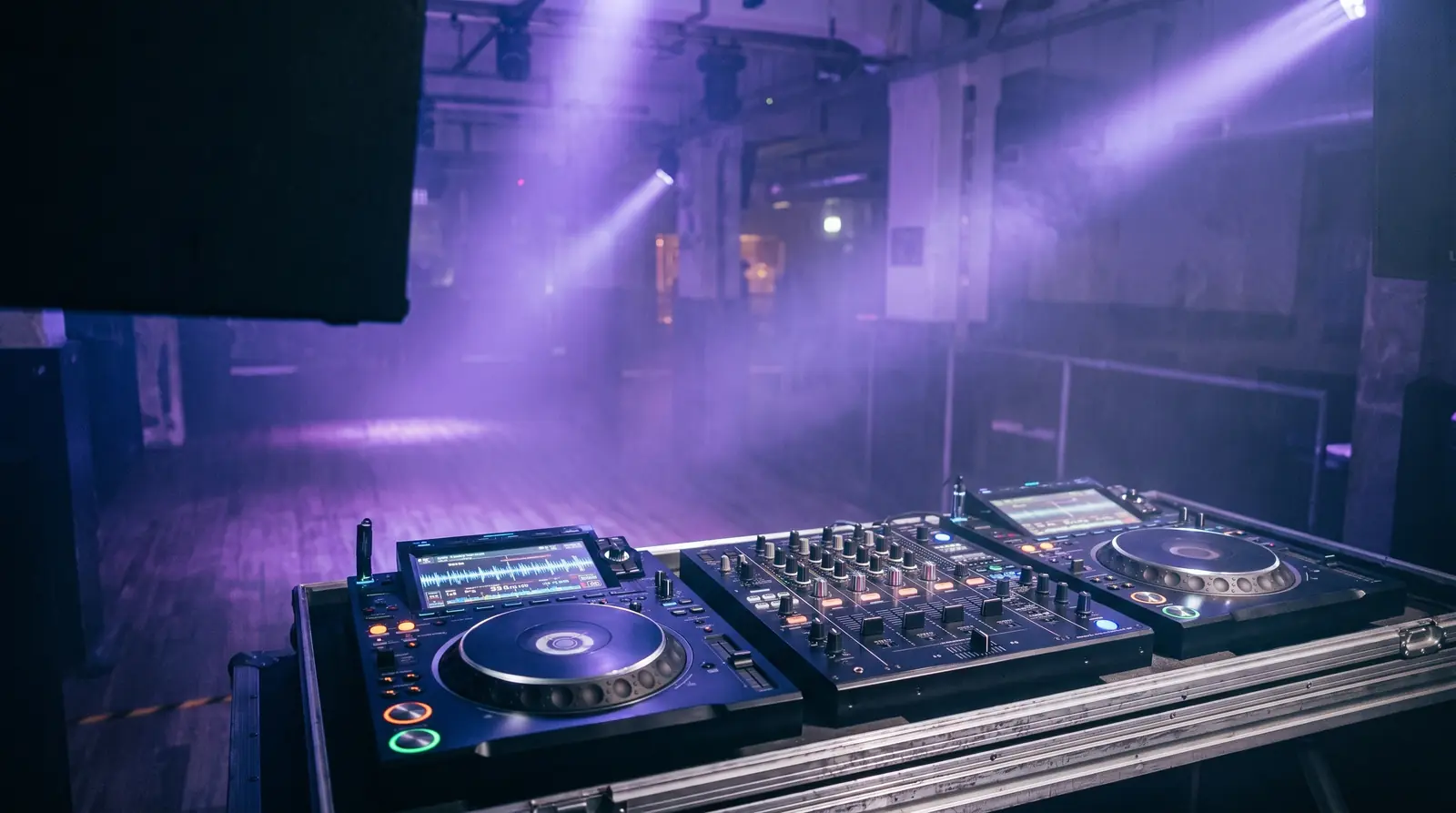 KI-Konzeptbild: zwei moderne Media-Player mit Touchscreens und Club-Mixer am selben DJ-Pult, Club in violettem Licht, keine Personen